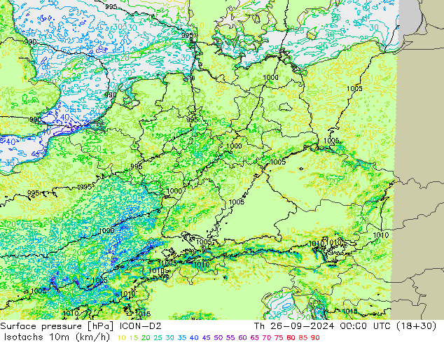 Isotachs (kph) ICON-D2 Th 26.09.2024 00 UTC