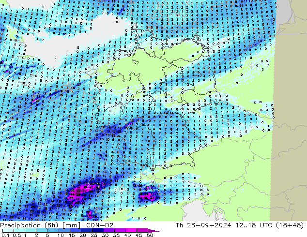 Precipitación (6h) ICON-D2 jue 26.09.2024 18 UTC