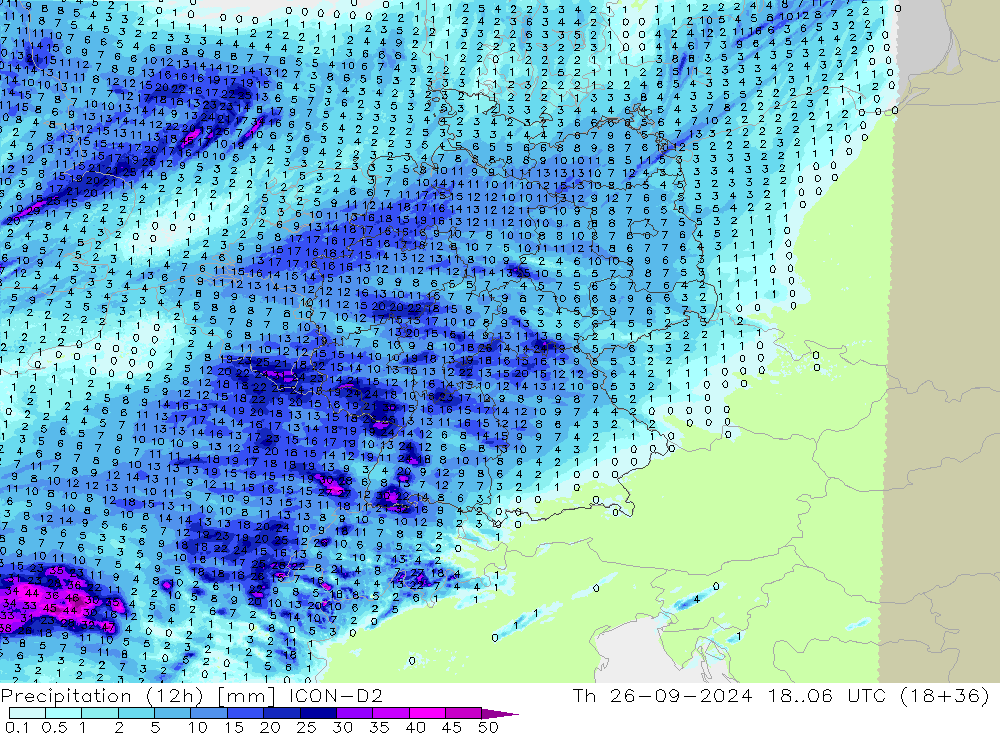 Precipitation (12h) ICON-D2 Th 26.09.2024 06 UTC