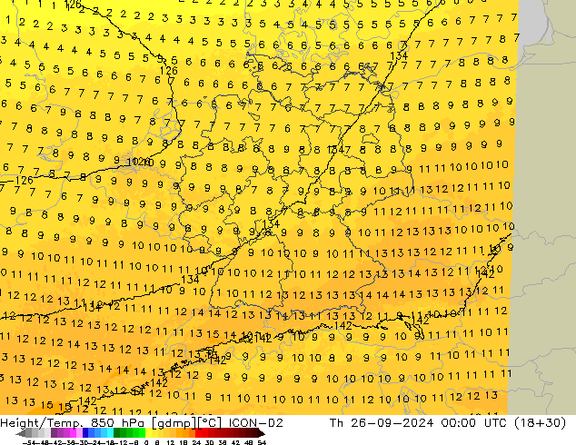 Height/Temp. 850 hPa ICON-D2 Th 26.09.2024 00 UTC