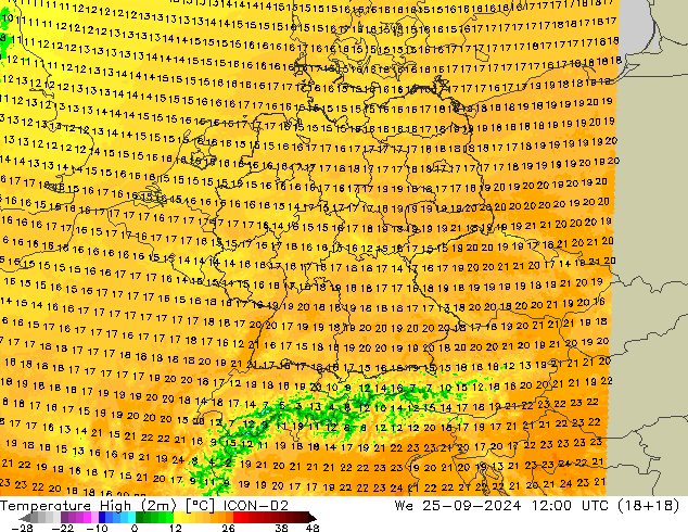 temperatura máx. (2m) ICON-D2 Qua 25.09.2024 12 UTC