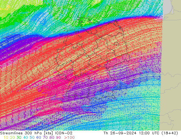 Ligne de courant 300 hPa ICON-D2 jeu 26.09.2024 12 UTC