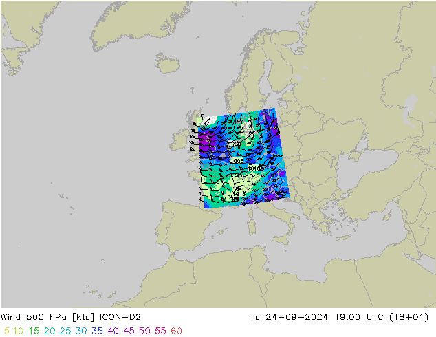 Wind 500 hPa ICON-D2 Út 24.09.2024 19 UTC