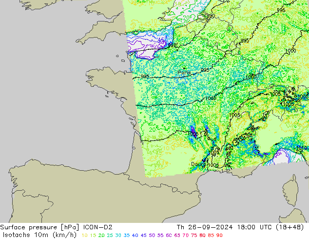 Isotachs (kph) ICON-D2  26.09.2024 18 UTC