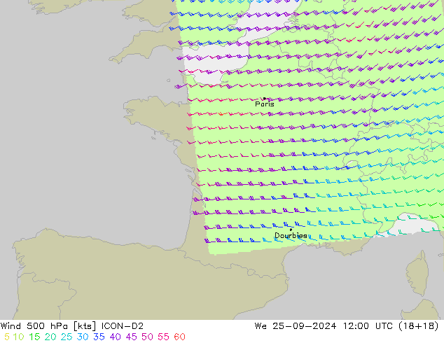 Vento 500 hPa ICON-D2 mer 25.09.2024 12 UTC