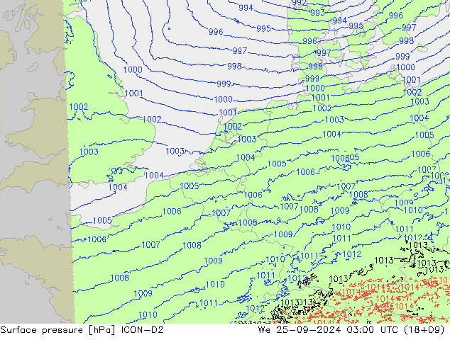 Surface pressure ICON-D2 We 25.09.2024 03 UTC