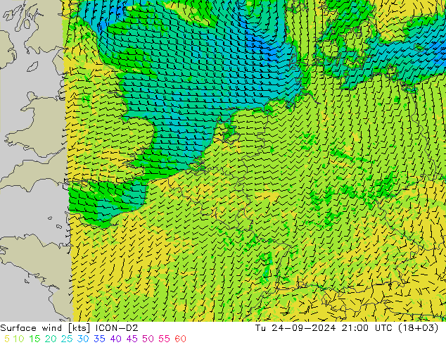 Viento 10 m ICON-D2 mar 24.09.2024 21 UTC