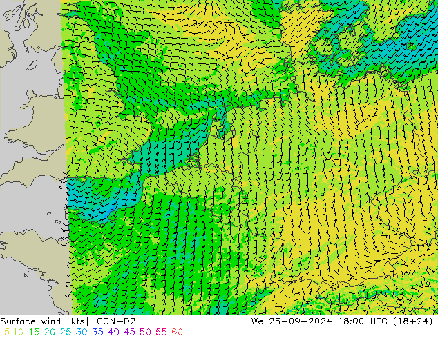 Viento 10 m ICON-D2 mié 25.09.2024 18 UTC