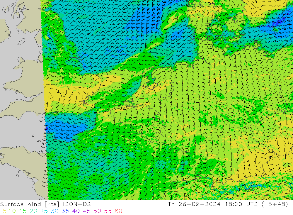 ветер 10 m ICON-D2 чт 26.09.2024 18 UTC