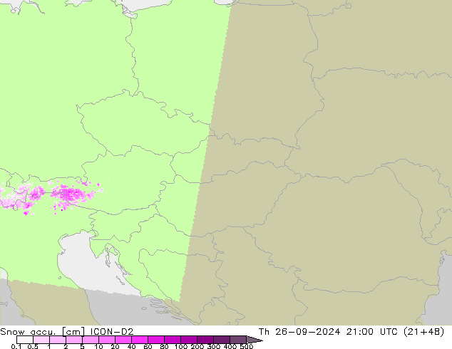 Snow accu. ICON-D2 czw. 26.09.2024 21 UTC