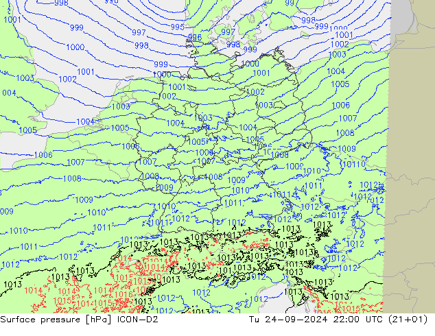 Surface pressure ICON-D2 Tu 24.09.2024 22 UTC