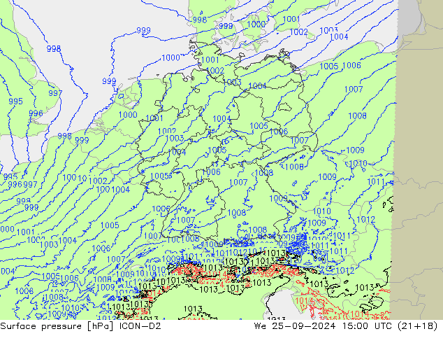 Surface pressure ICON-D2 We 25.09.2024 15 UTC