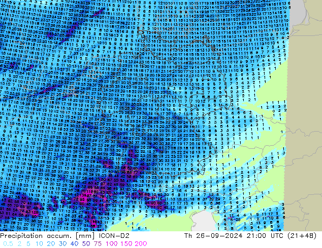 Precipitation accum. ICON-D2 Čt 26.09.2024 21 UTC