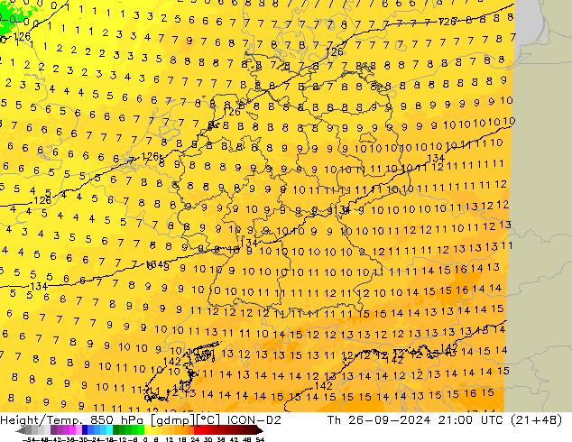 Height/Temp. 850 hPa ICON-D2  26.09.2024 21 UTC