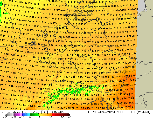 Temperatura máx. (2m) ICON-D2 jue 26.09.2024 21 UTC