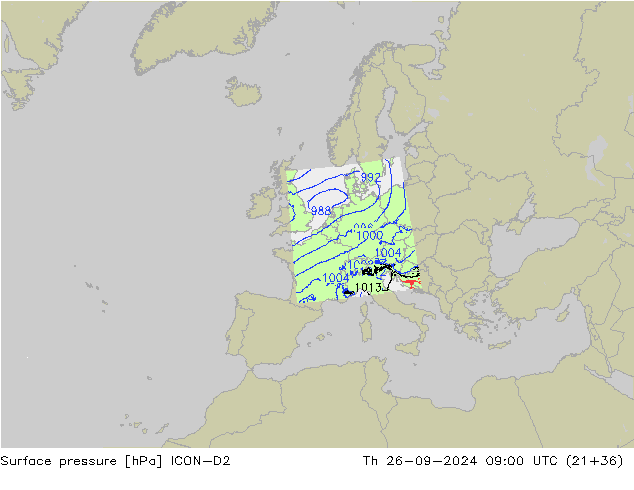 Atmosférický tlak ICON-D2 Čt 26.09.2024 09 UTC