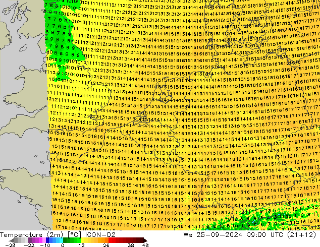 Temperaturkarte (2m) ICON-D2 Mi 25.09.2024 09 UTC