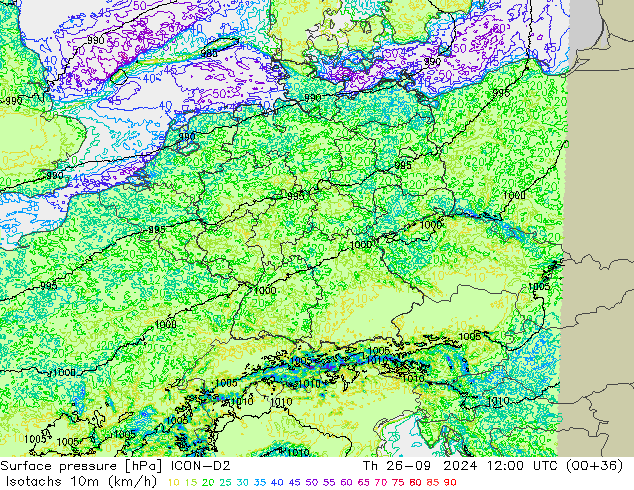 Isotachen (km/h) ICON-D2 do 26.09.2024 12 UTC