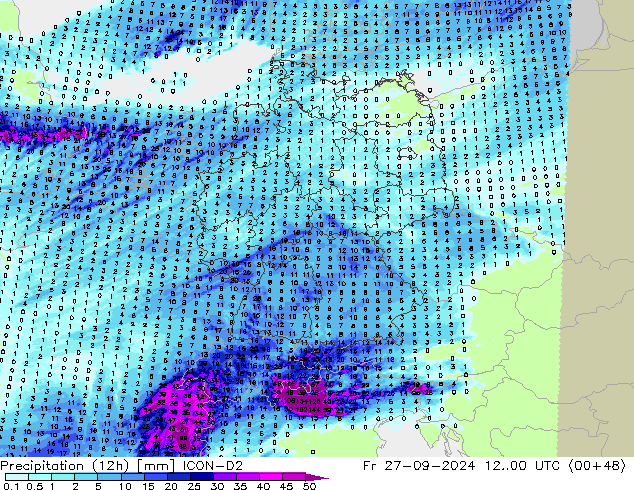 Precipitation (12h) ICON-D2 Pá 27.09.2024 00 UTC