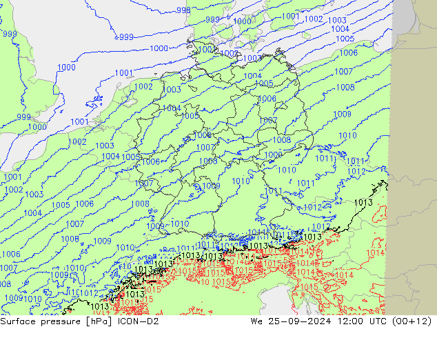 Pressione al suolo ICON-D2 mer 25.09.2024 12 UTC