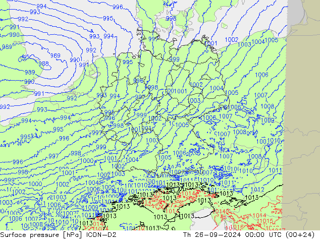 Pressione al suolo ICON-D2 gio 26.09.2024 00 UTC