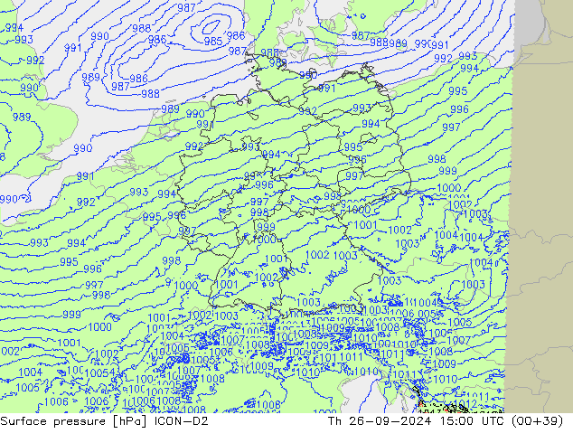 Pressione al suolo ICON-D2 gio 26.09.2024 15 UTC