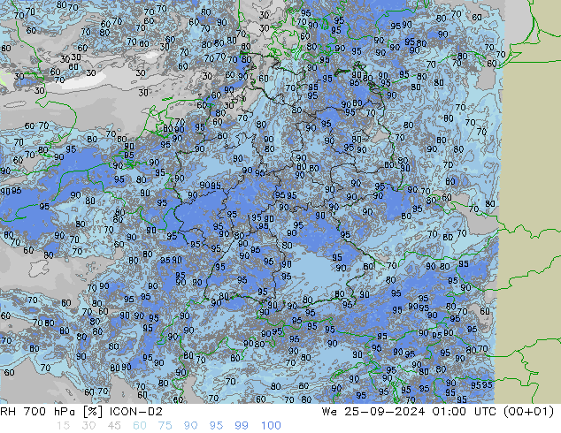 700 hPa Nispi Nem ICON-D2 Çar 25.09.2024 01 UTC