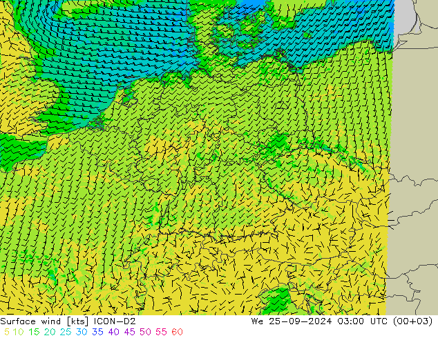 Wind 10 m ICON-D2 wo 25.09.2024 03 UTC