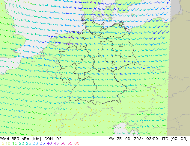 Vent 850 hPa ICON-D2 mer 25.09.2024 03 UTC