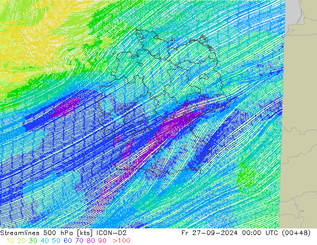 Streamlines 500 hPa ICON-D2 Fr 27.09.2024 00 UTC