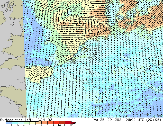 Surface wind (bft) ICON-D2 We 25.09.2024 06 UTC