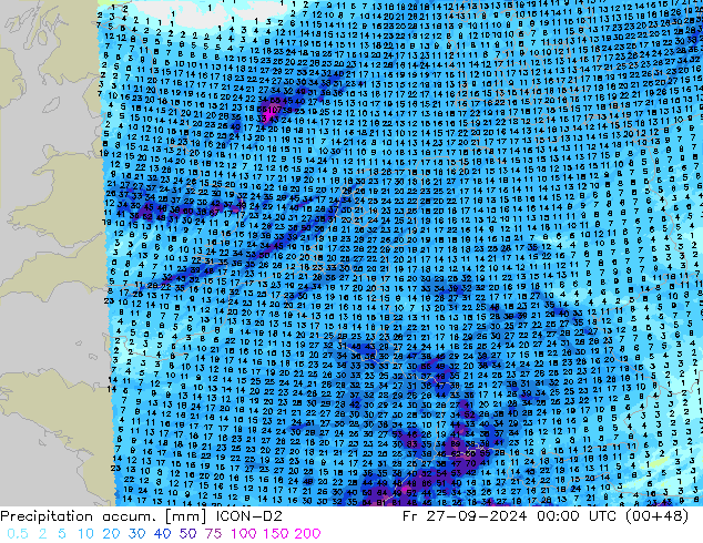 Precipitation accum. ICON-D2 Fr 27.09.2024 00 UTC