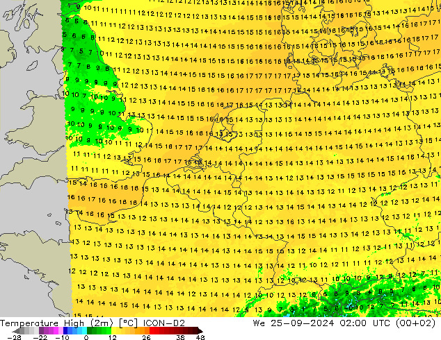 Nejvyšší teplota (2m) ICON-D2 St 25.09.2024 02 UTC