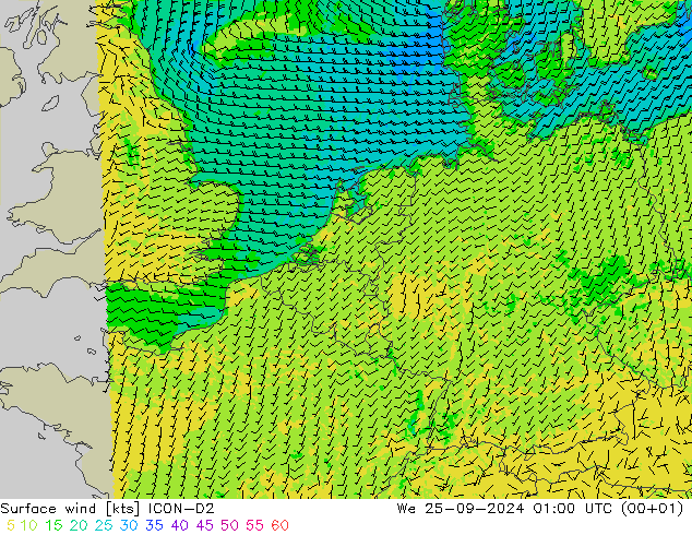 Rüzgar 10 m ICON-D2 Çar 25.09.2024 01 UTC