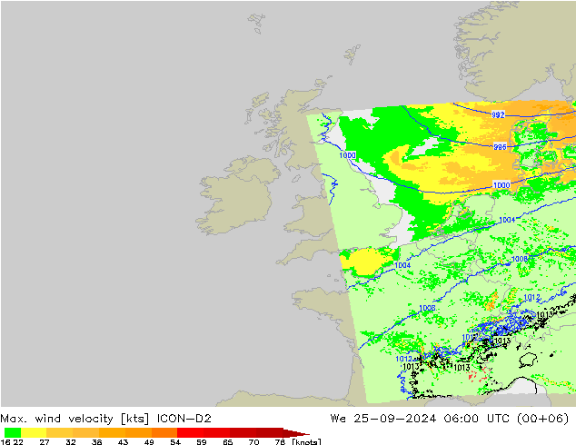 Max. wind velocity ICON-D2 mer 25.09.2024 06 UTC