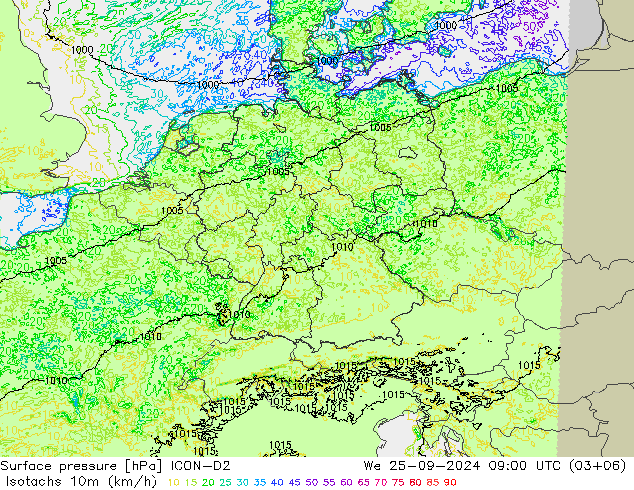 Isotachen (km/h) ICON-D2 wo 25.09.2024 09 UTC