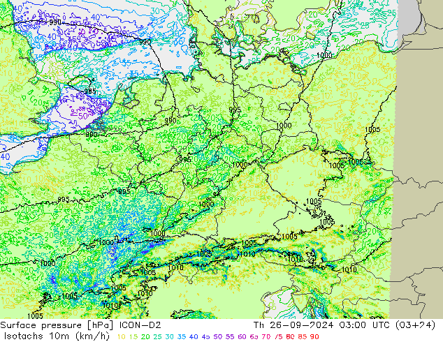 Isotachs (kph) ICON-D2 gio 26.09.2024 03 UTC