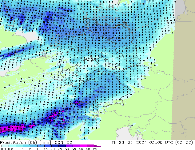 Precipitation (6h) ICON-D2 Th 26.09.2024 09 UTC