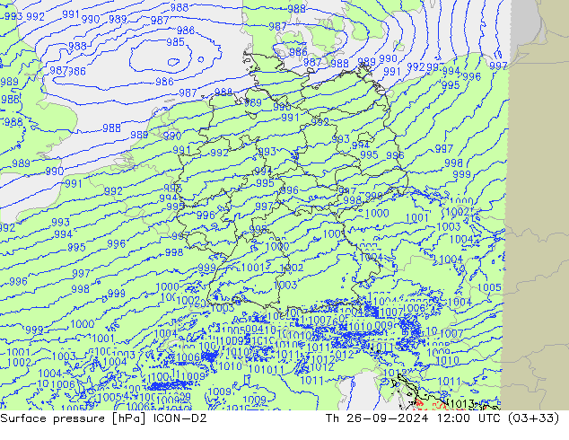 Atmosférický tlak ICON-D2 Čt 26.09.2024 12 UTC