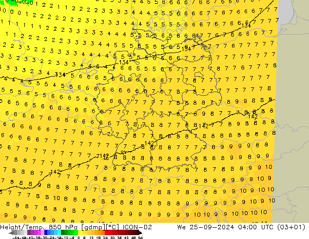 Height/Temp. 850 hPa ICON-D2 We 25.09.2024 04 UTC