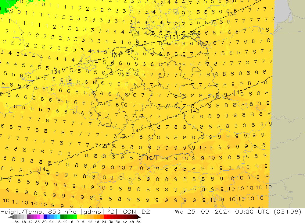 Height/Temp. 850 hPa ICON-D2 We 25.09.2024 09 UTC