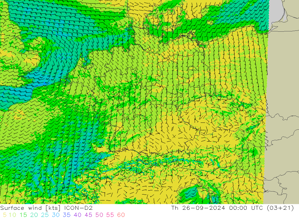 Surface wind ICON-D2 Th 26.09.2024 00 UTC