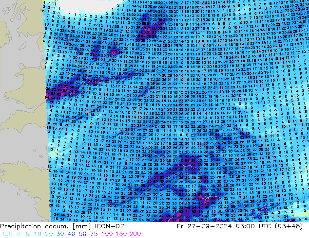 Precipitation accum. ICON-D2 Fr 27.09.2024 03 UTC