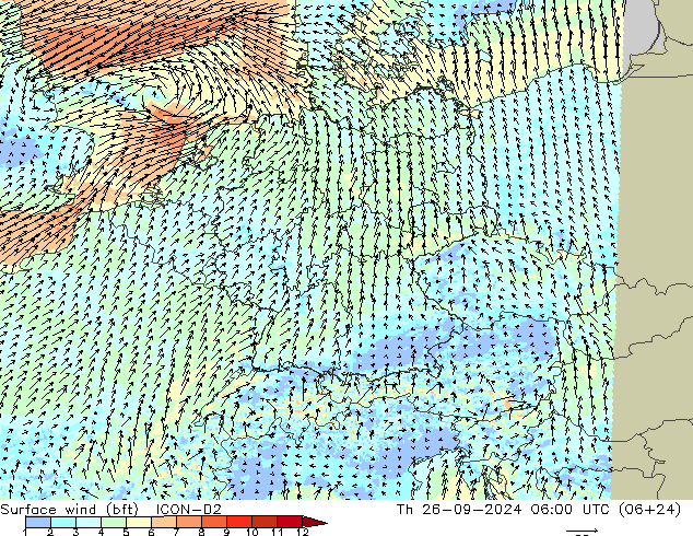 Surface wind (bft) ICON-D2 Th 26.09.2024 06 UTC