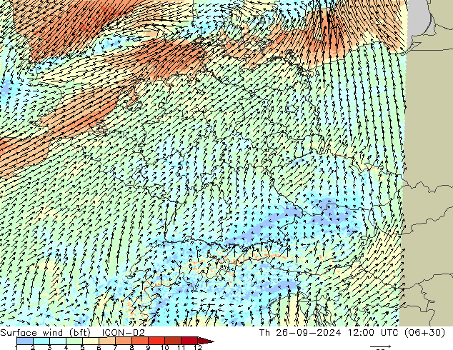 Wind 10 m (bft) ICON-D2 do 26.09.2024 12 UTC