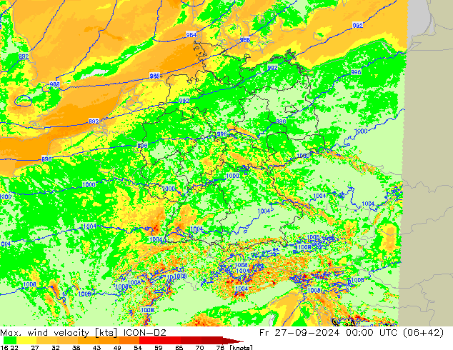 Max. wind velocity ICON-D2 пт 27.09.2024 00 UTC