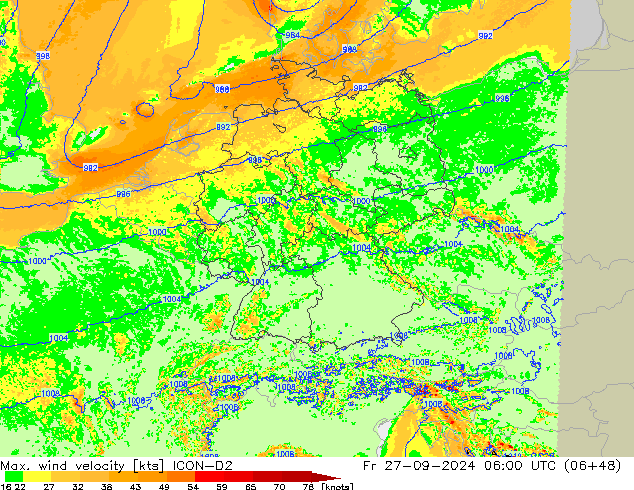 Max. wind snelheid ICON-D2 vr 27.09.2024 06 UTC