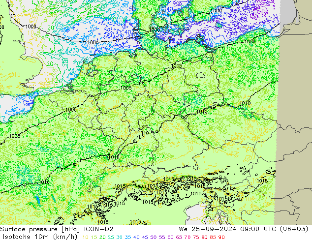 Isotachs (kph) ICON-D2  25.09.2024 09 UTC