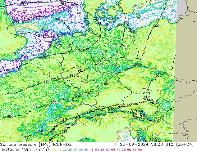 Isotaca (kph) ICON-D2 jue 26.09.2024 06 UTC