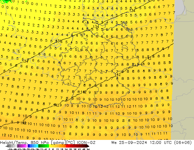 Géop./Temp. 850 hPa ICON-D2 mer 25.09.2024 12 UTC